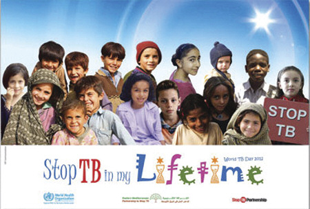 This photo shows a diverse group of children and says, "Stop TB in My Lifetime."